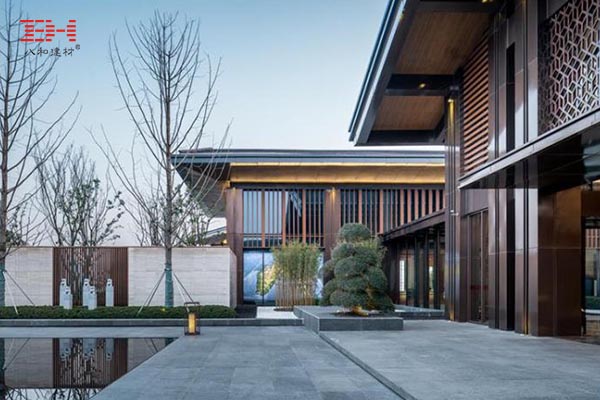 仿木紋鋁方通、仿木紋鋁板在中式院落建筑上的應用—合肥金科·半島壹號